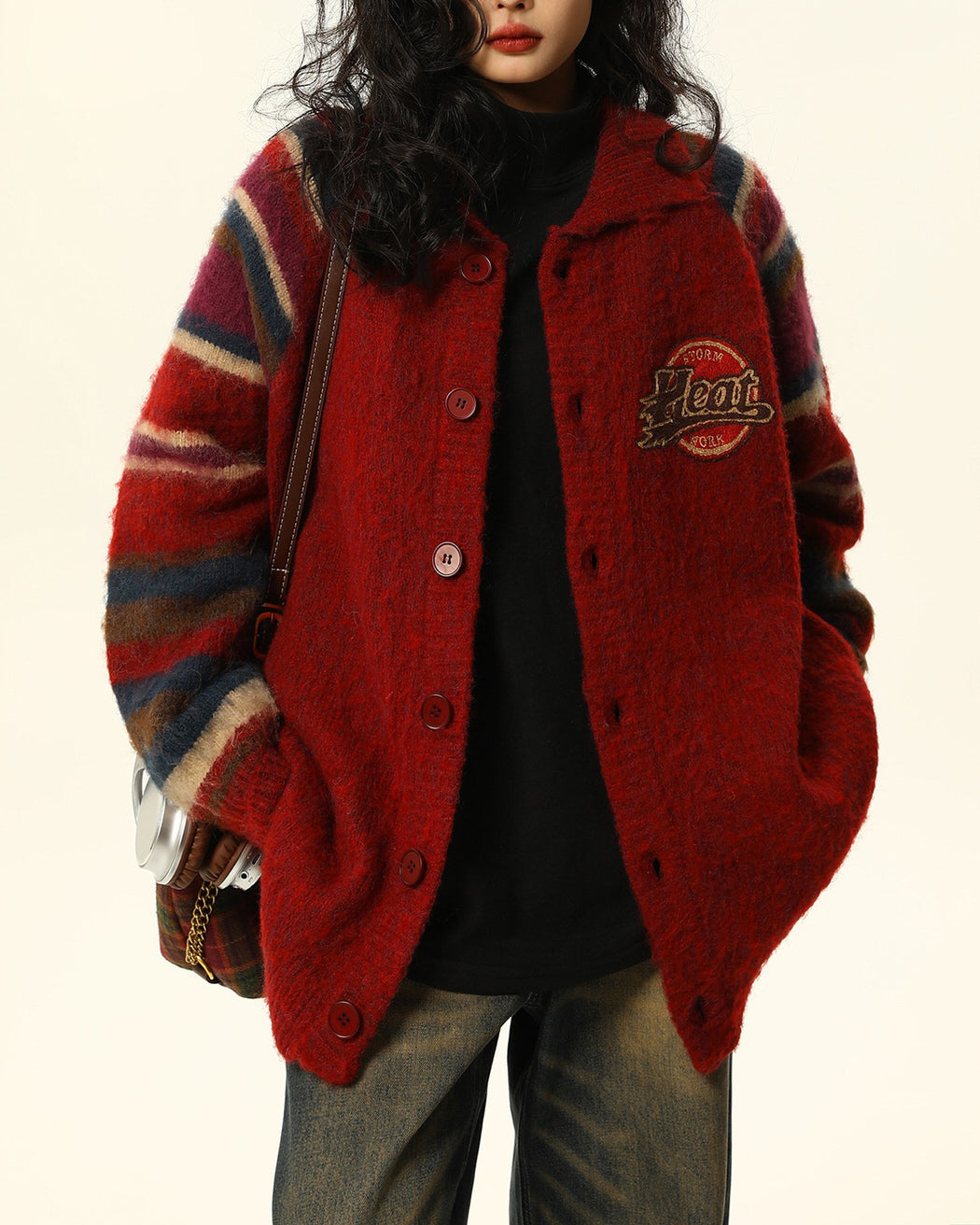 RED PLAID SLEEVE CARDIGAN: PREPPY STYLE COLLEGE JACKET