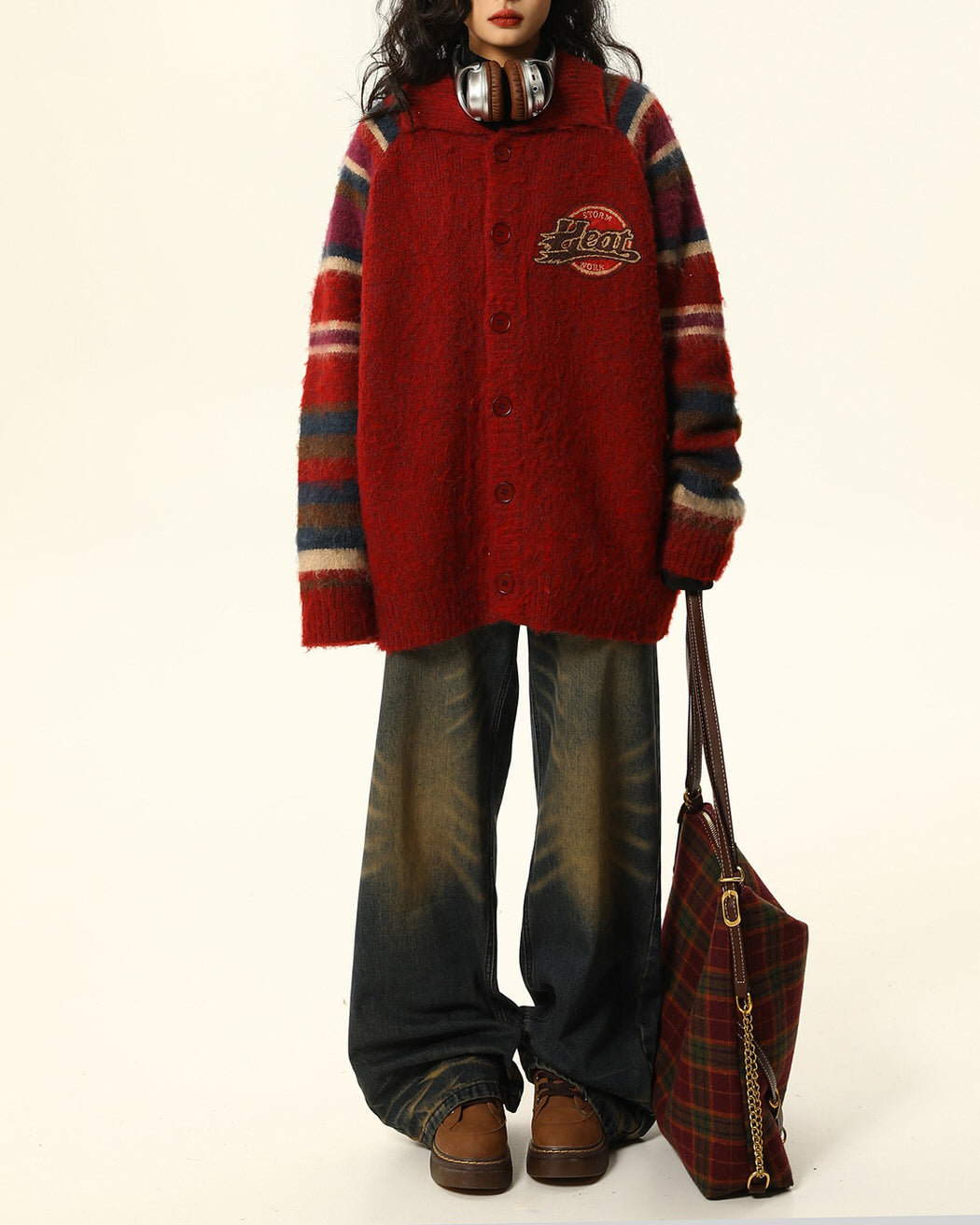 RED PLAID SLEEVE CARDIGAN: PREPPY STYLE COLLEGE JACKET