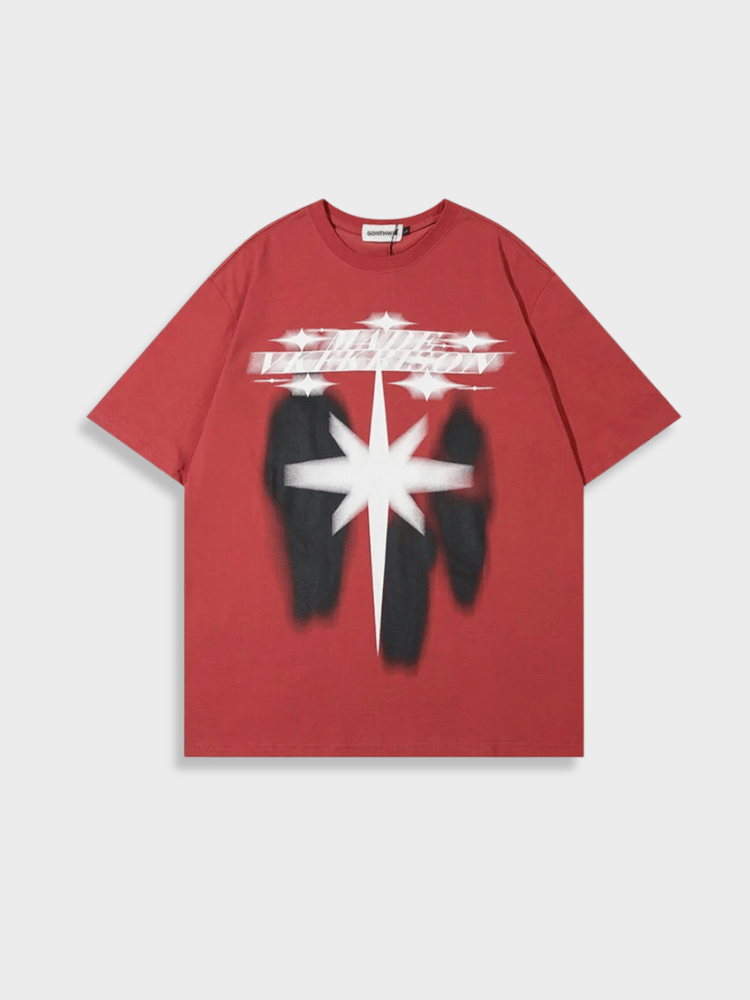 RED SHADOW STAR TEE WITH GRAPHIC DESIGN