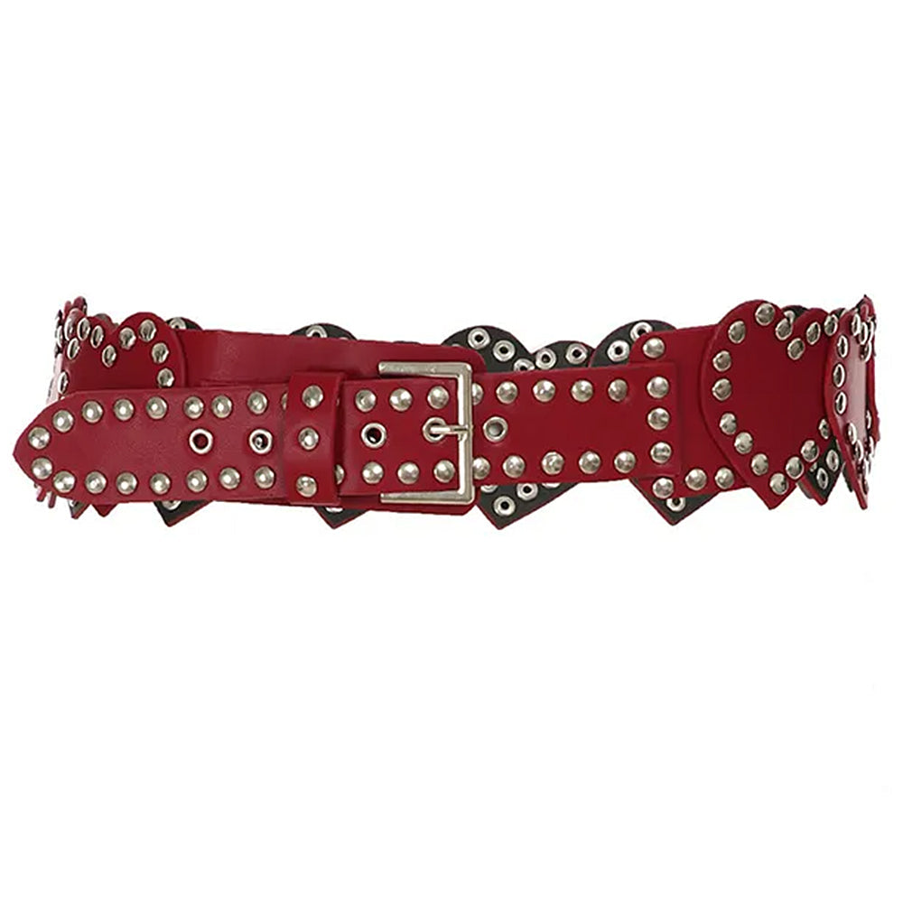 RED STUDDED HEART BELT HEARTED EDGE VEGAN LEATHER