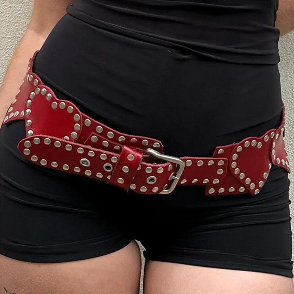 RED STUDDED HEART BELT HEARTED EDGE VEGAN LEATHER