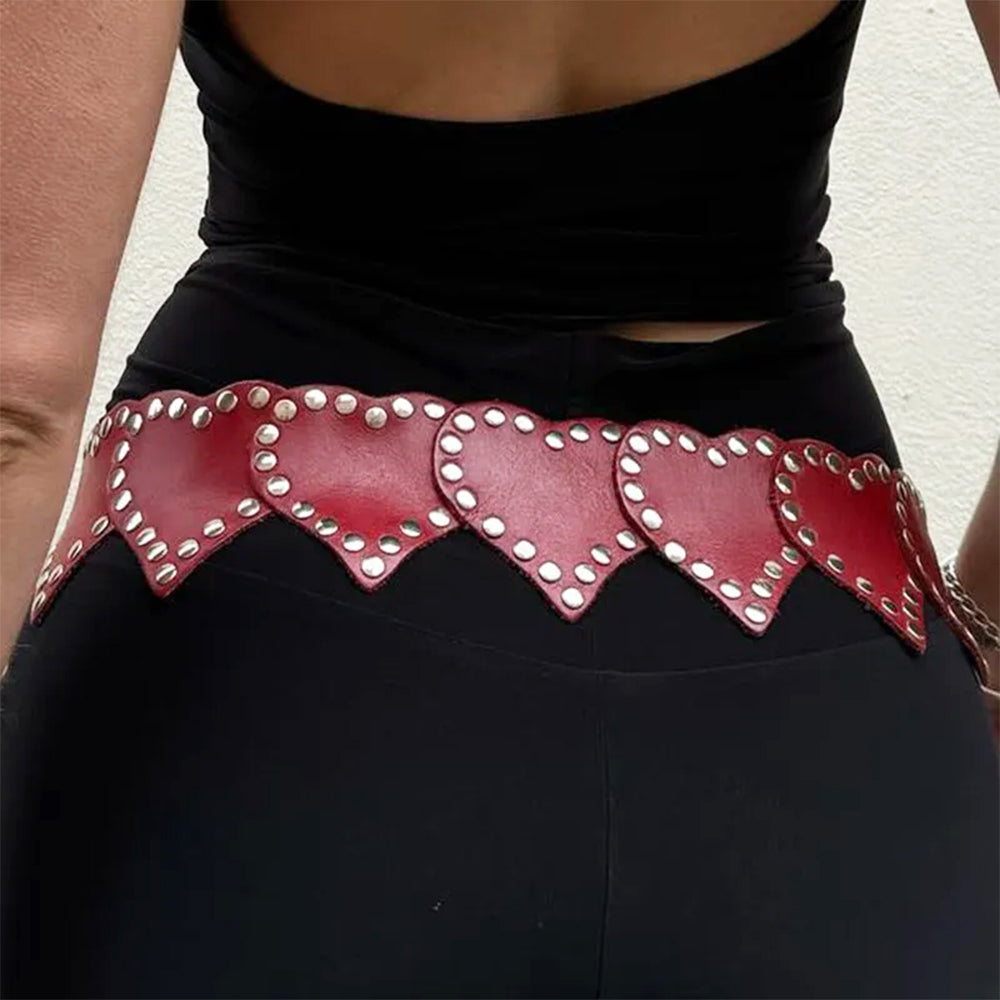 RED STUDDED HEART BELT HEARTED EDGE VEGAN LEATHER
