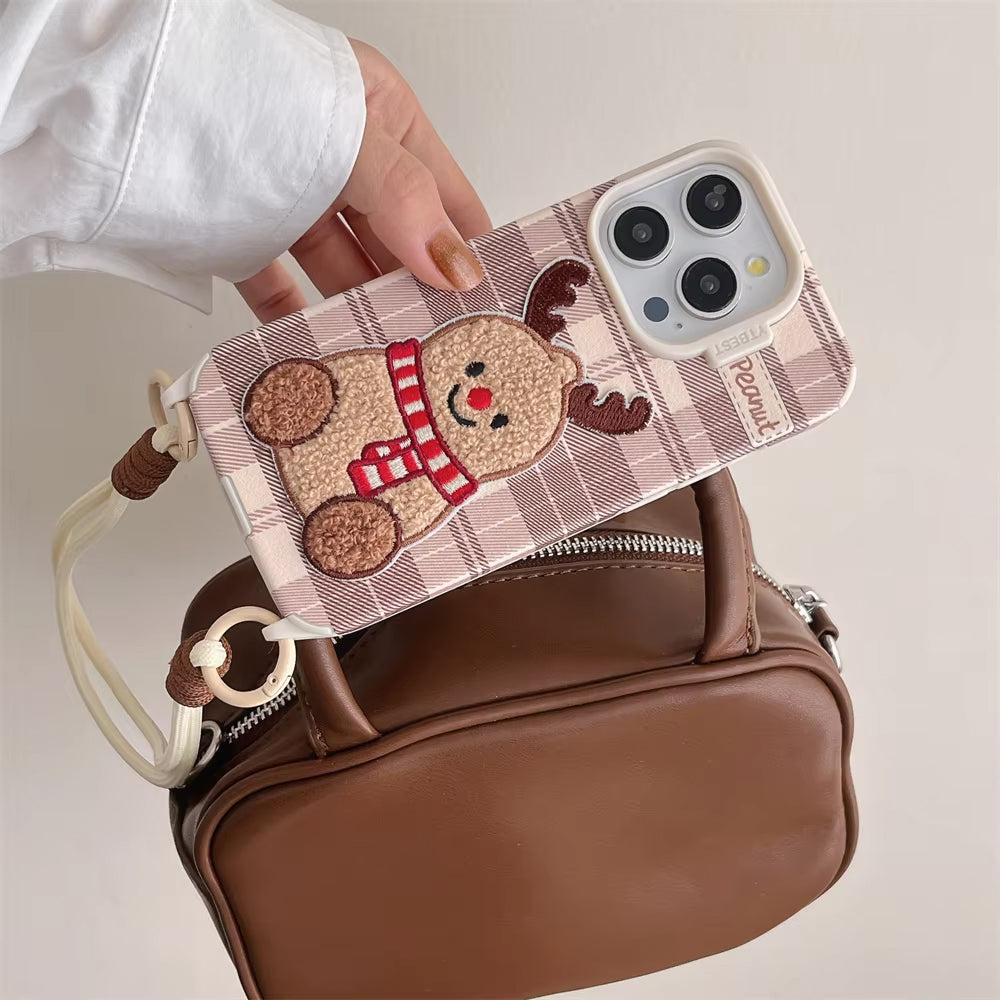 REINDEER EMBROIDERY IPHONE CASE WITH LANYARD DEER EMBROIDERY