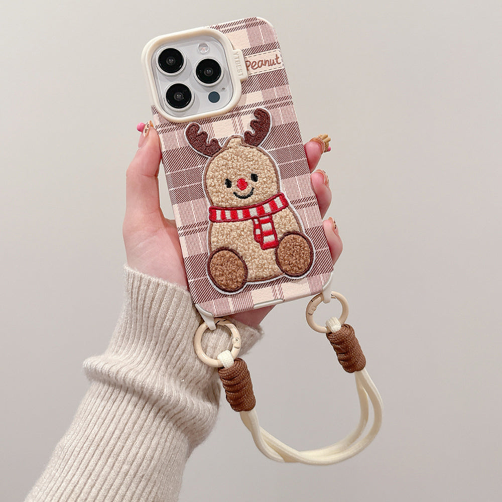 REINDEER EMBROIDERY IPHONE CASE WITH LANYARD DEER EMBROIDERY