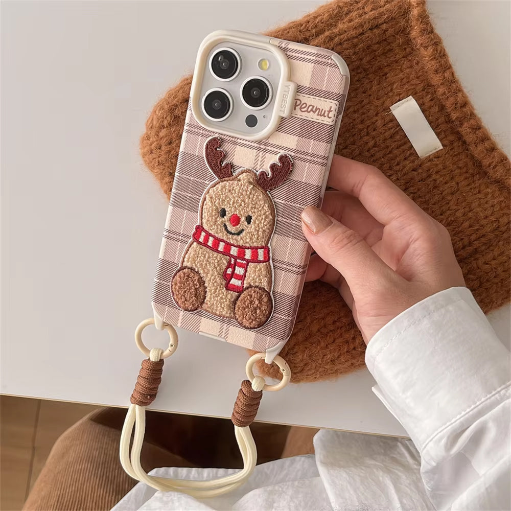 REINDEER EMBROIDERY IPHONE CASE WITH LANYARD DEER EMBROIDERY