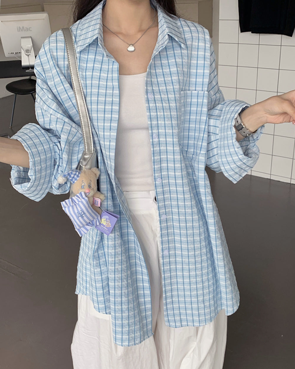 RELAXED ELEGANCE OVERSIZED SHIRT SOFT BABY BLUE PLAID