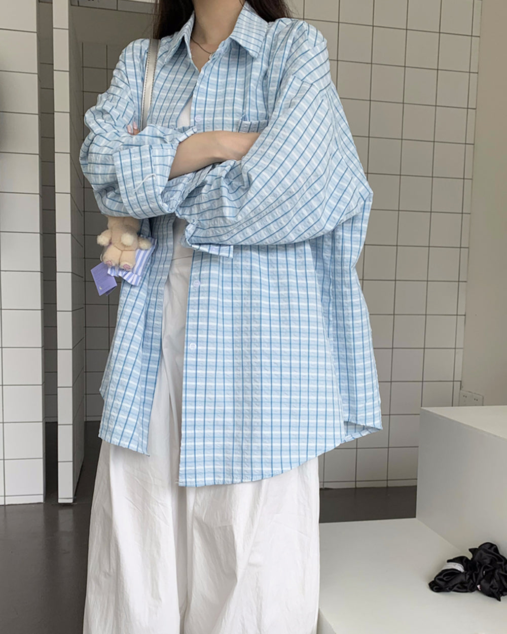 RELAXED ELEGANCE OVERSIZED SHIRT SOFT BABY BLUE PLAID
