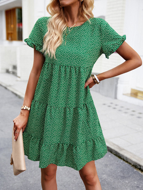 Relaxed Loose Resort Print Layered Dress - Green / S