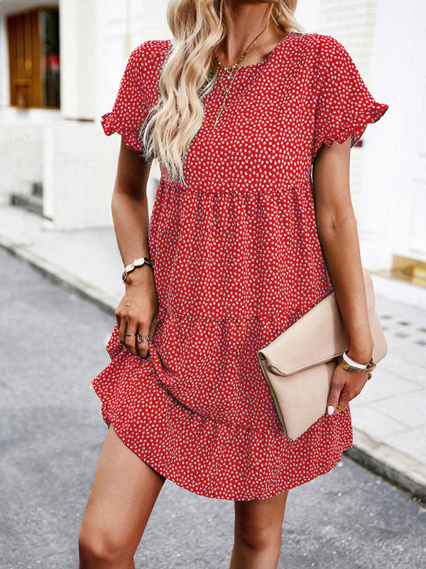 Relaxed Loose Resort Print Layered Dress - Red / S