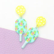 Resin Flower Printed Pickleball Paddle Dangle Earrings