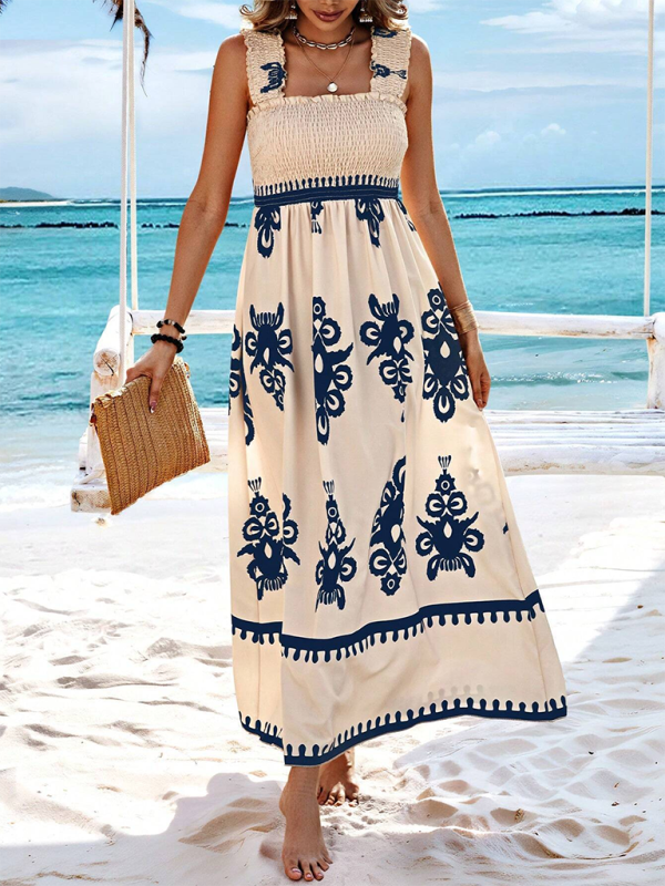 Resort style printed cross front midi dress - Blue / S