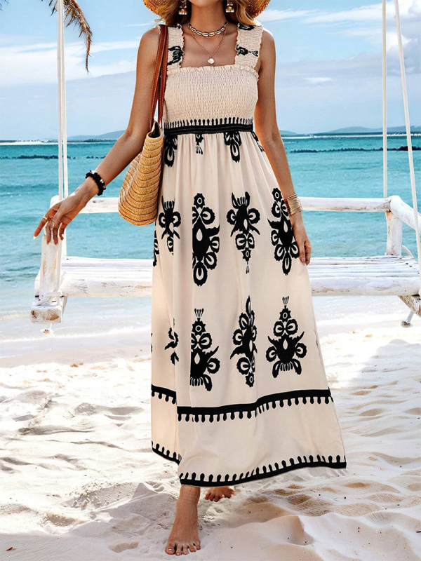 Resort style printed cross front midi dress - Cracker khaki / S