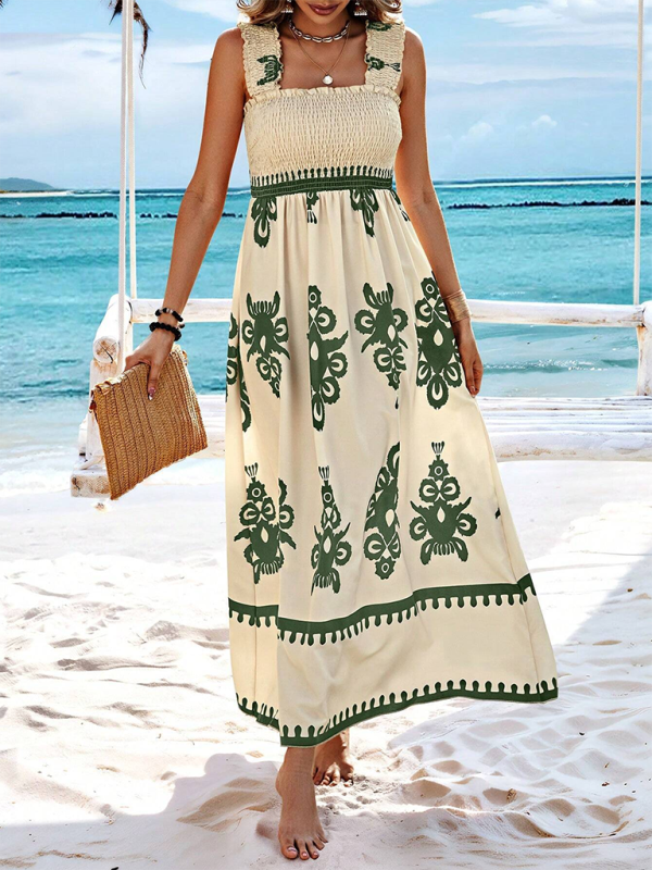 Resort style printed cross front midi dress - Olive green / S