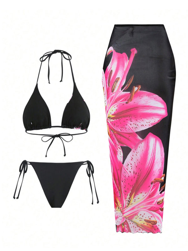 Black bikini with floral skirt from Retro flower print tropical skirt three-piece set in elastane spandex with high elasticity