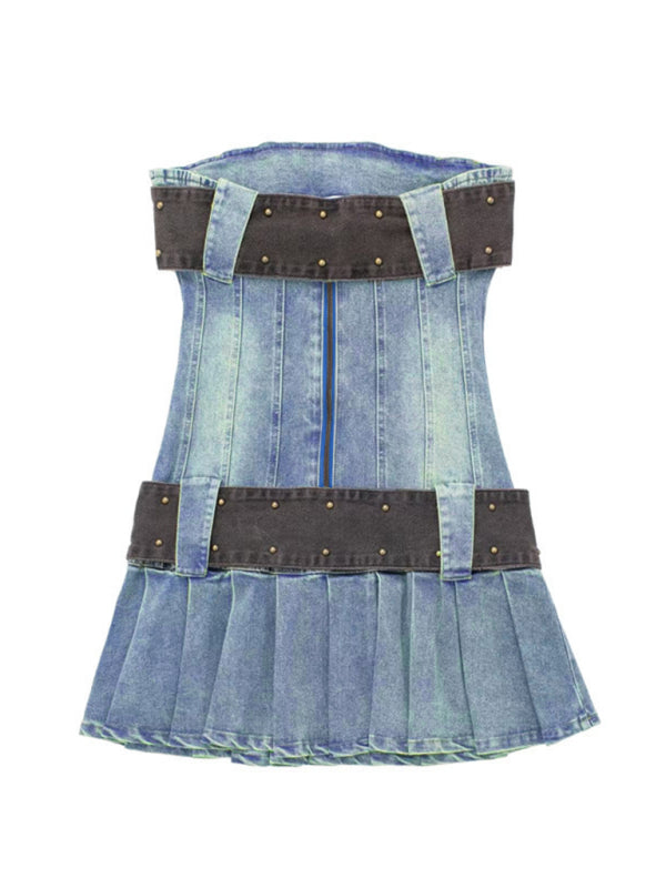 Retro hot girl pleated large belt tube top denim dress