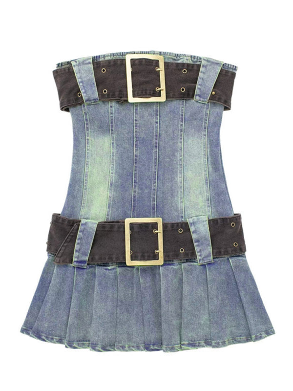 Retro hot girl pleated large belt tube top denim dress - Blue / S