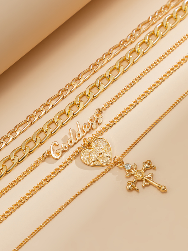 Retro multi-layer portrait cross pendant necklace Hip-hop style letter chain necklace - Golden / FREESIZE