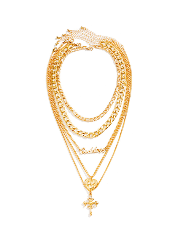 Retro multi-layer portrait cross pendant necklace Hip-hop style letter chain necklace - Golden / FREESIZE