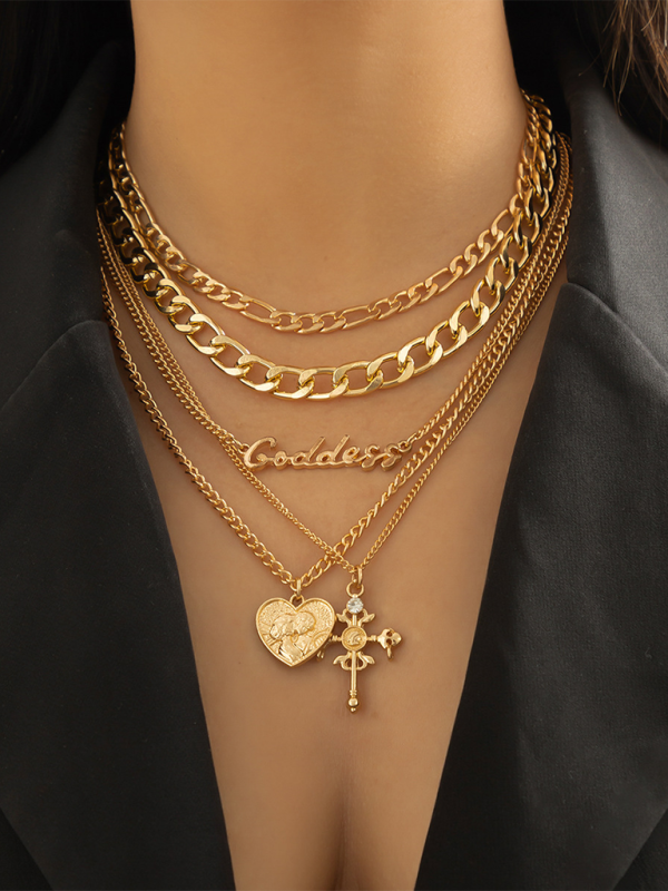Retro multi-layer portrait cross pendant necklace Hip-hop style letter chain necklace - Golden / FREESIZE