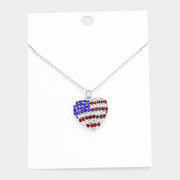 Women's Rhinestone Embellished American USA Flag Heart Pendant Statement Necklace 4th of July