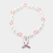 Rhinestone Embellished Pink Ribbon Charm Pearl Stretch Bracelet