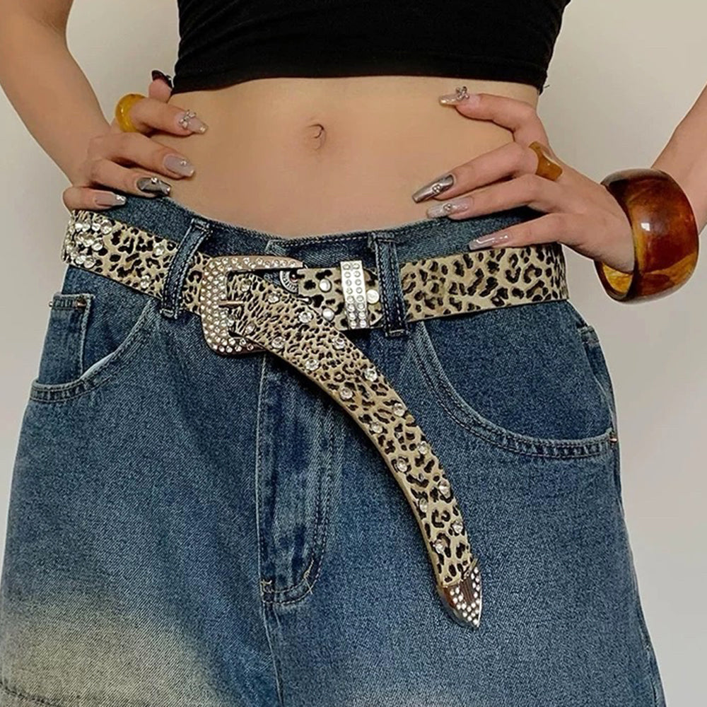 RHINESTONE LEOPARD BELT VEGAN LEATHER LEOPARD PRINT