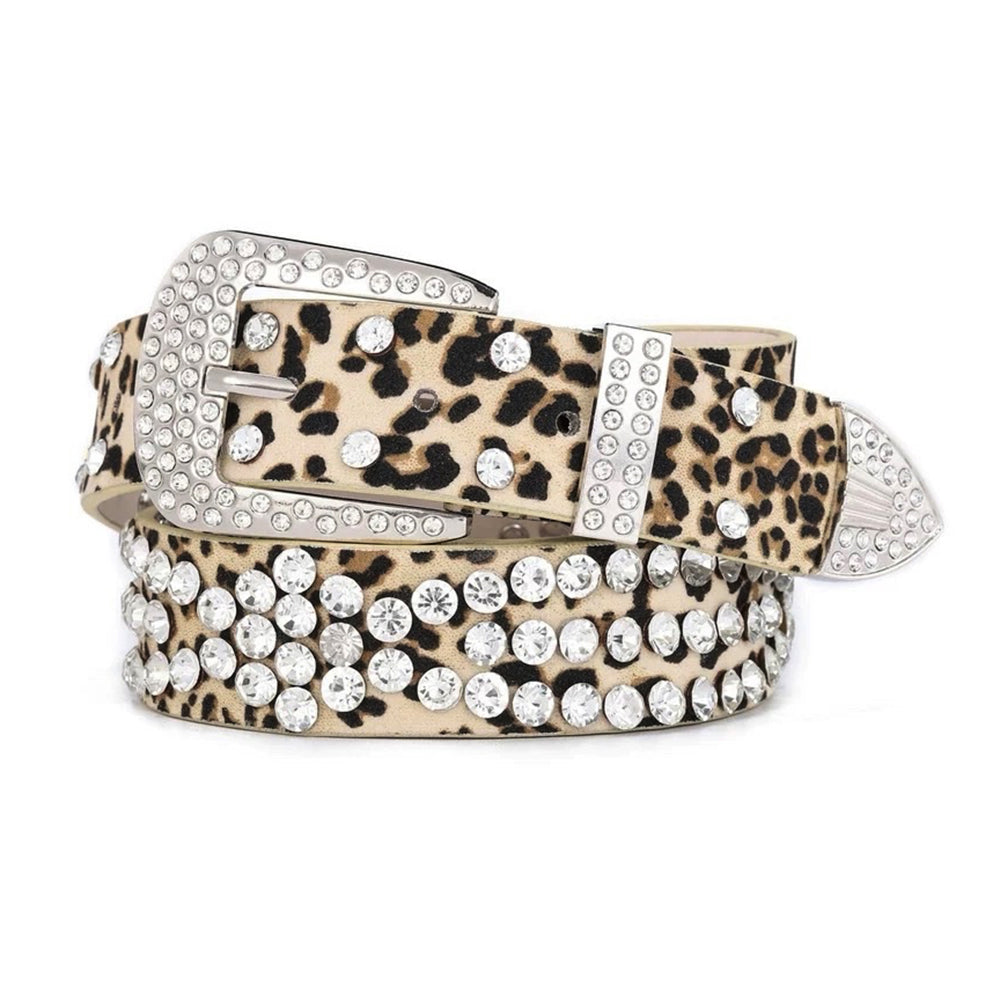 RHINESTONE LEOPARD BELT VEGAN LEATHER LEOPARD PRINT