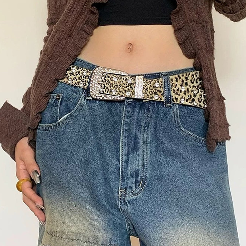 RHINESTONE LEOPARD BELT VEGAN LEATHER LEOPARD PRINT