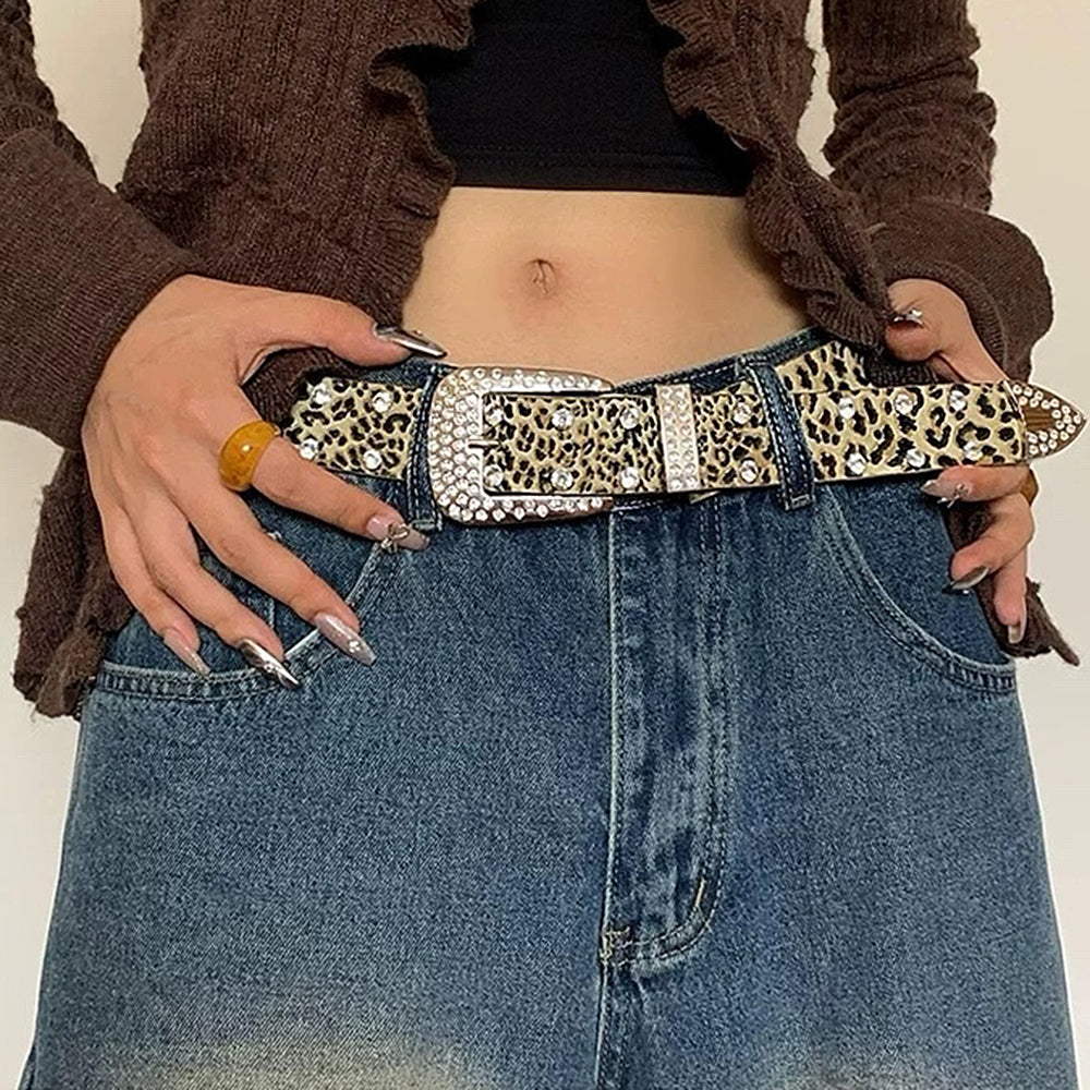 RHINESTONE LEOPARD BELT VEGAN LEATHER LEOPARD PRINT