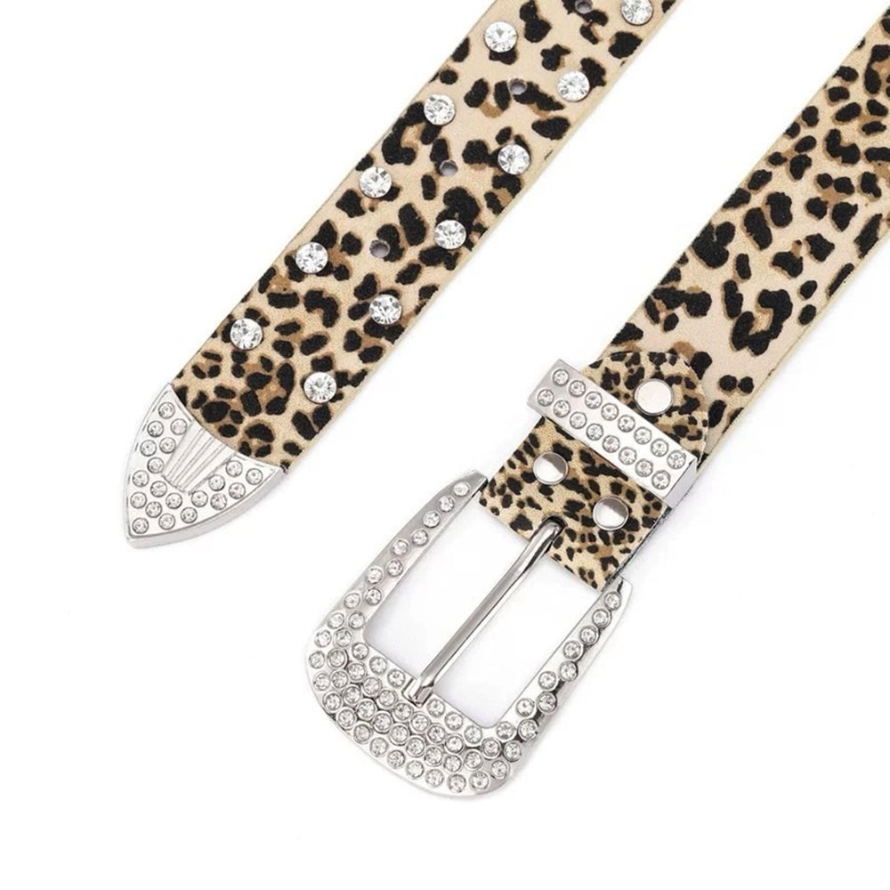 RHINESTONE LEOPARD BELT VEGAN LEATHER LEOPARD PRINT