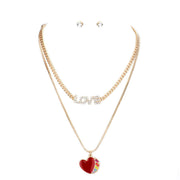 Rhinestone LOVE Message Enamel Heart Pendant Jewelry Set