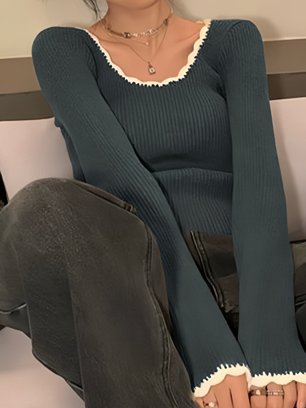 RIBBED KNIT TOP WITH SCALLOPED TRIM LONG SLEEVE SWEATER