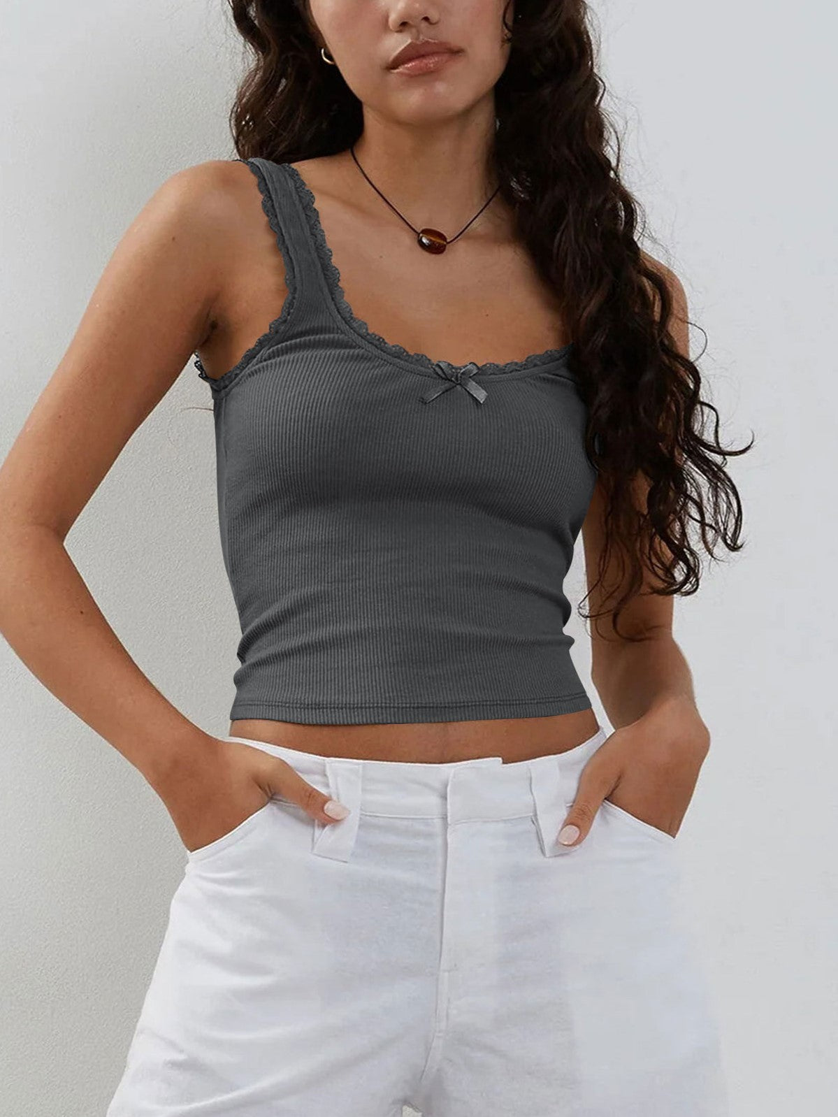 RIBBED TANK TOP WITH LACE TRIM - Y2K LACE SOLID COLOR FASHION