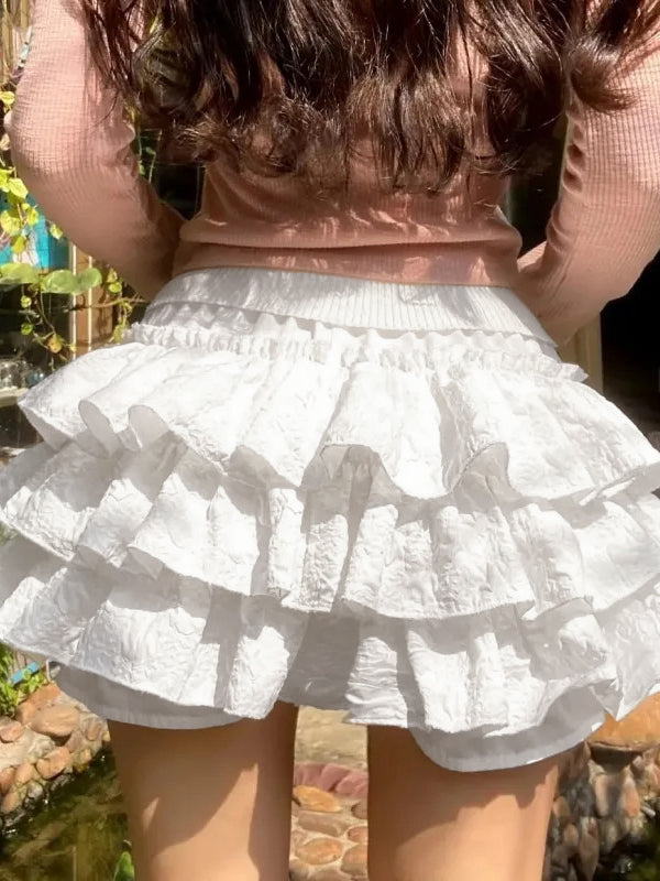 RIBBED TOP AND RUFFLED SKIRT SET WITH TEXTURED TIERED SHORTS