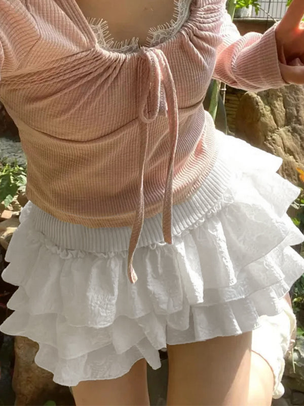RIBBED TOP AND RUFFLED SKIRT SET WITH TEXTURED TIERED SHORTS