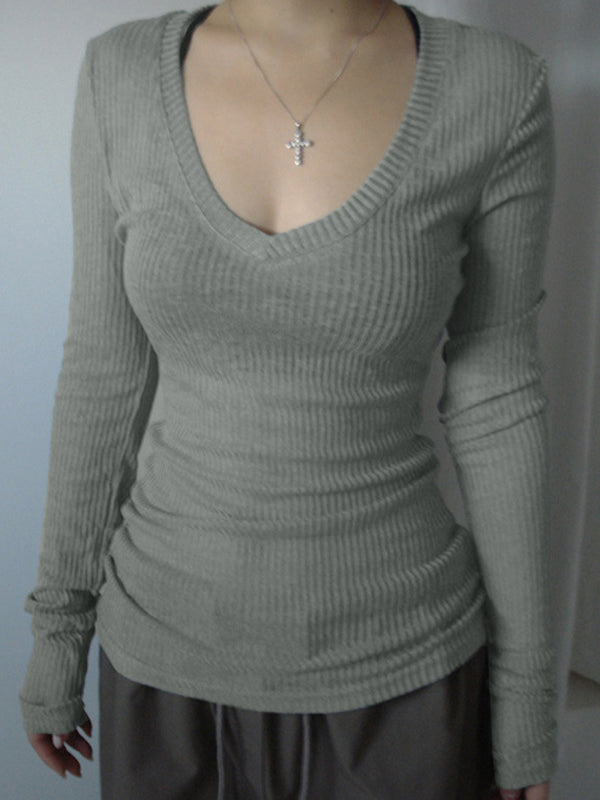 RIBBED V-NECK LONG-SLEEVE TOP SLIM FIT LONG SLEEVE