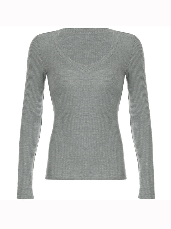 RIBBED V-NECK LONG-SLEEVE TOP SLIM FIT LONG SLEEVE