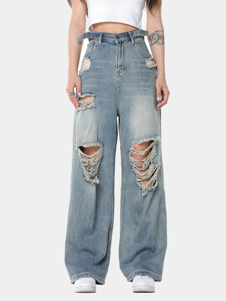 RIPPED WIDE-LEG DENIM JEANS - VINTAGE WIDE LEG STYLE