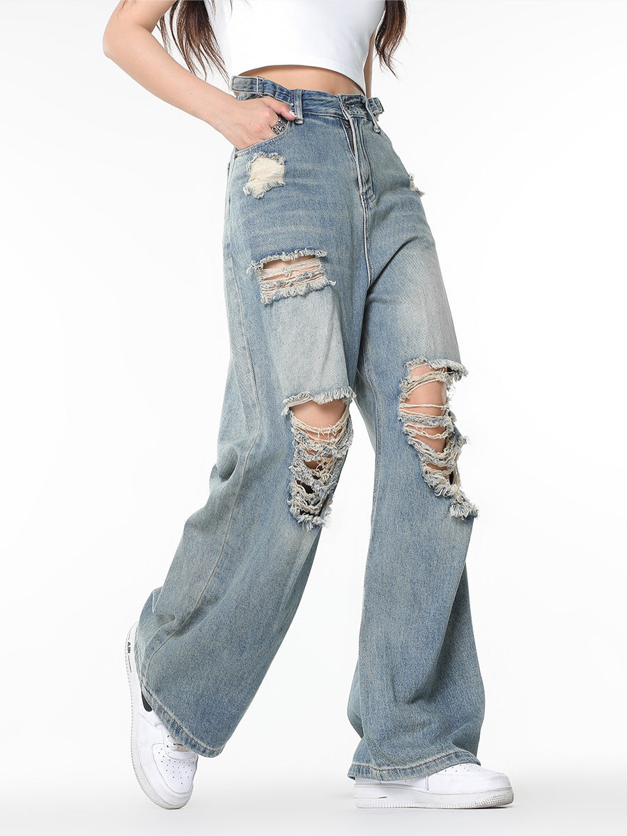 RIPPED WIDE-LEG DENIM JEANS - VINTAGE WIDE LEG STYLE