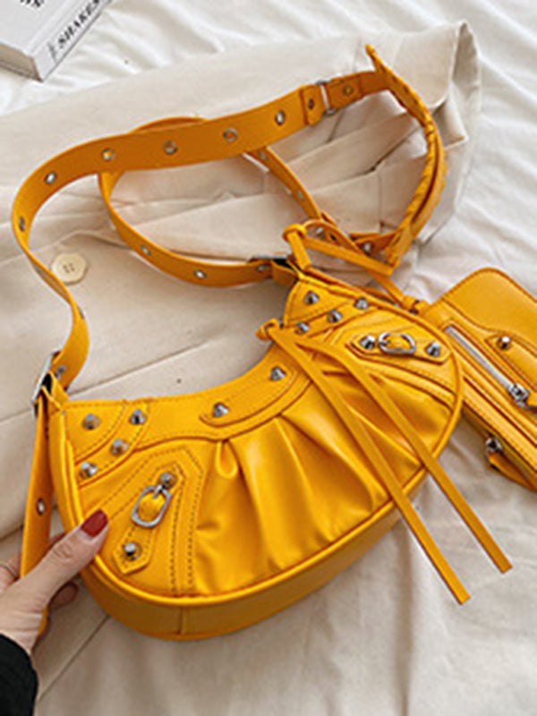 Rivet Heavy Industry Pleated Shoulder Underarm Bag Messenger Bag - Earth yellow / F