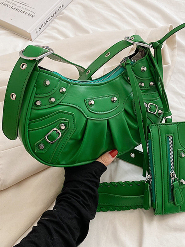 Rivet Heavy Industry Pleated Shoulder Underarm Bag Messenger Bag - Green / F