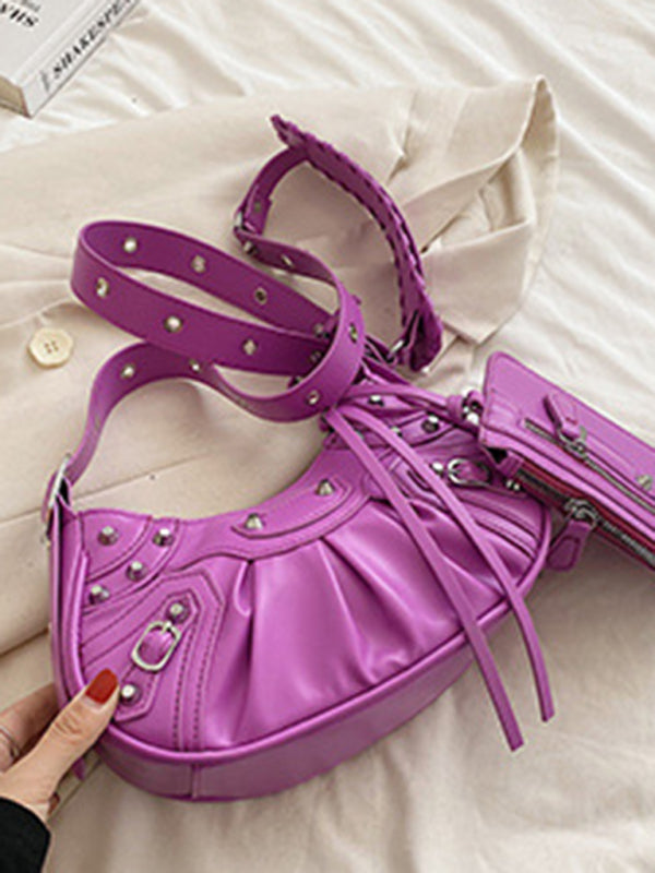 Rivet Heavy Industry Pleated Shoulder Underarm Bag Messenger Bag - Purple / F