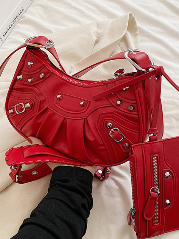 Rivet Heavy Industry Pleated Shoulder Underarm Bag Messenger Bag - Red / F