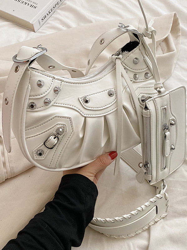 Rivet Heavy Industry Pleated Shoulder Underarm Bag Messenger Bag - White / F