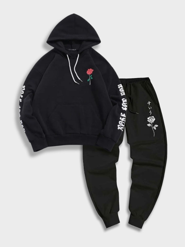 ROSE RELAX SET BLACK HOODIE AND SWEATPANTS 2 PIECE RELAX SET