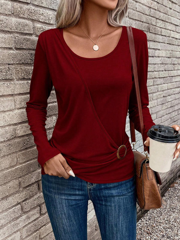 Round neck buckle pleated waist fashionable women’s top