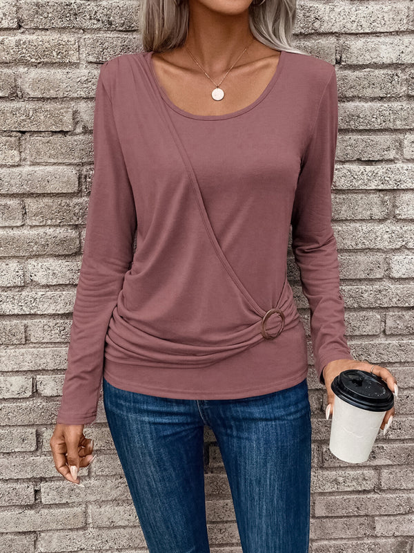 Round neck buckle pleated waist fashionable women’s top