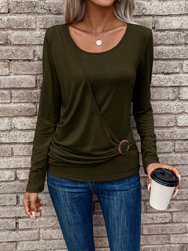 Round neck buckle pleated waist fashionable women’s top