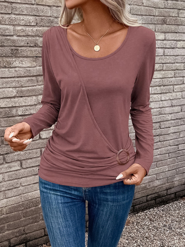 Round neck buckle pleated waist fashionable women’s top