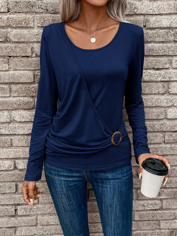 Round neck buckle pleated waist fashionable women’s top - Blue / S